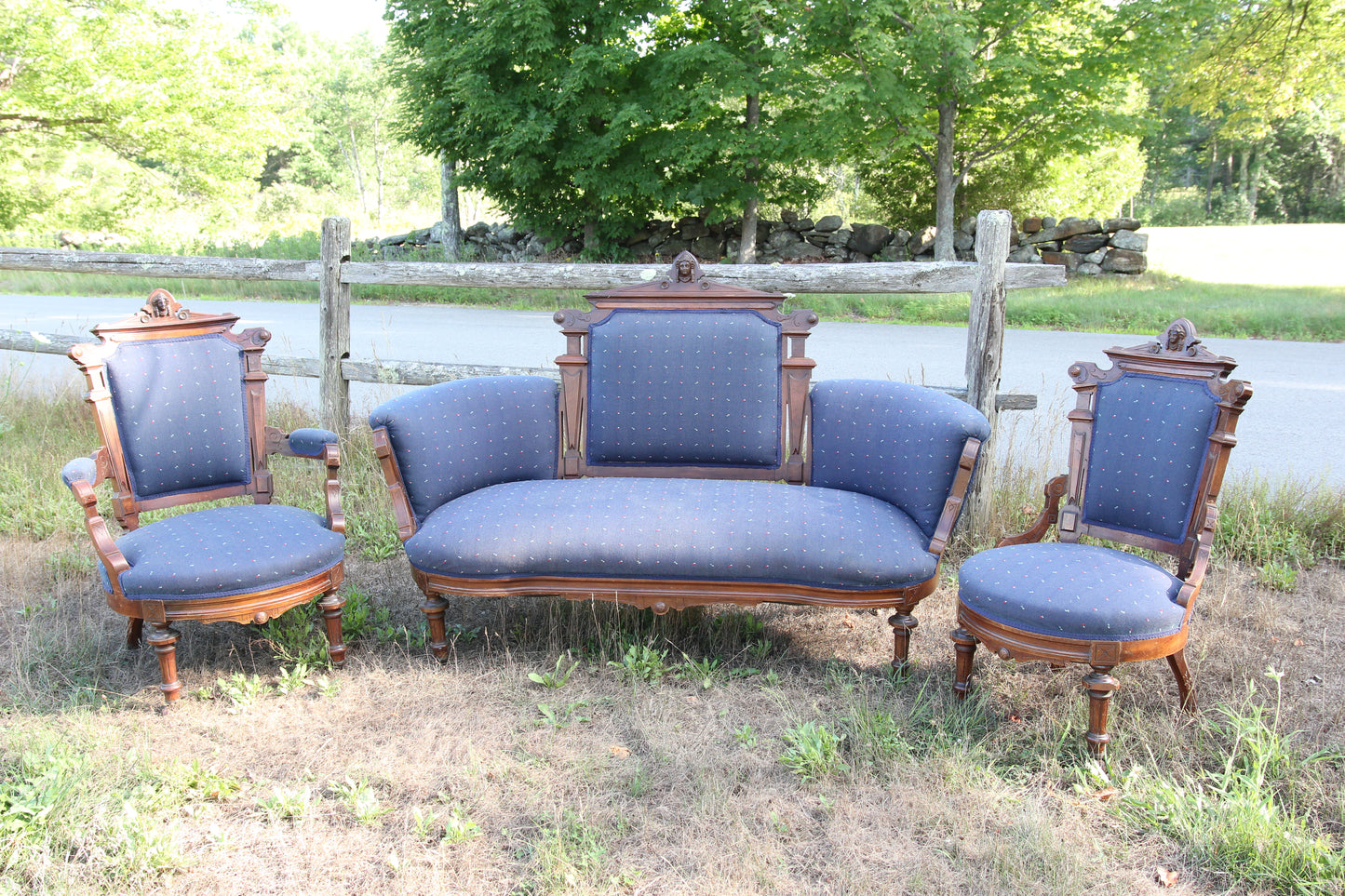 Antique Victorian Eastlake Parlor Set with Sofa and Two Chairs with Carved Lady Heads
