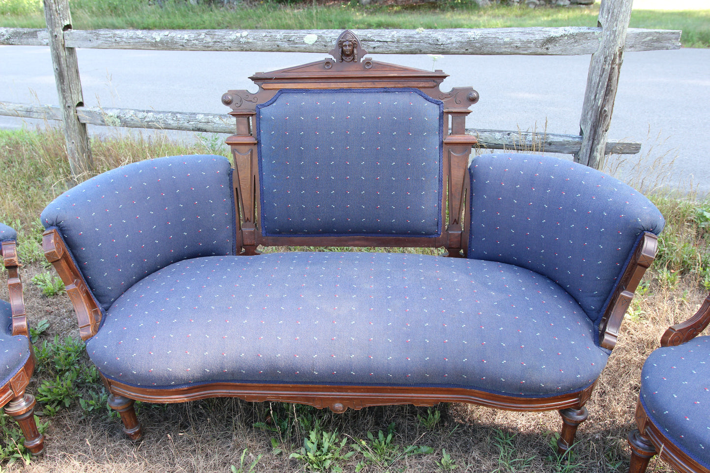 Antique Victorian Eastlake Parlor Set with Sofa and Two Chairs with Carved Lady Heads
