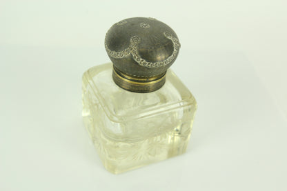 Large Antique Etched Glass Inkwell with Bow Pattern and Ornate Hinged Cover