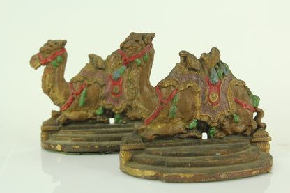 Antique Hand Painted Cast Iron Egyptian Revival Camel Bookends, Pair
