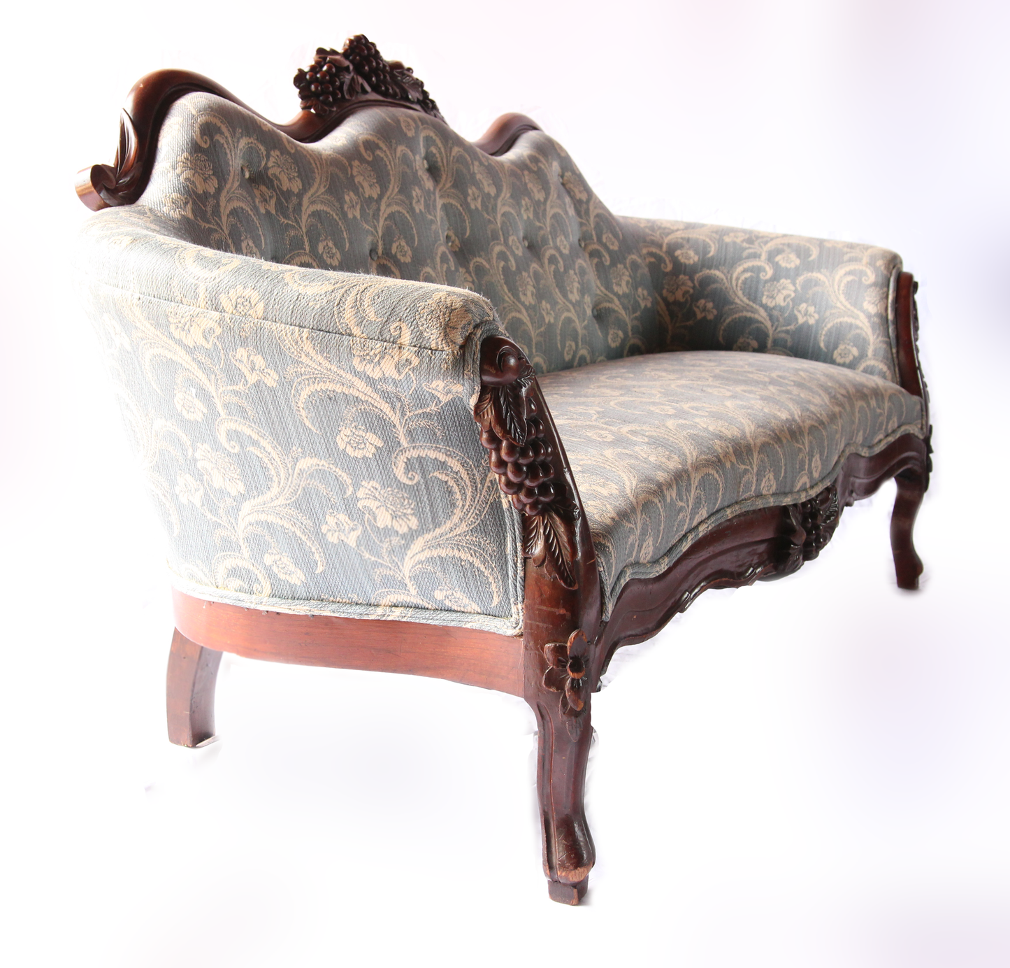 Ornate Blue Upholstered Victorian Camelback Sofa with Grape Carving Motif