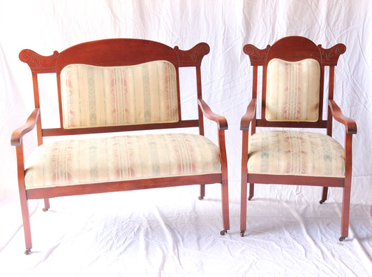 Antique Deco Settee and Chair Set with Contemporary Upholstery