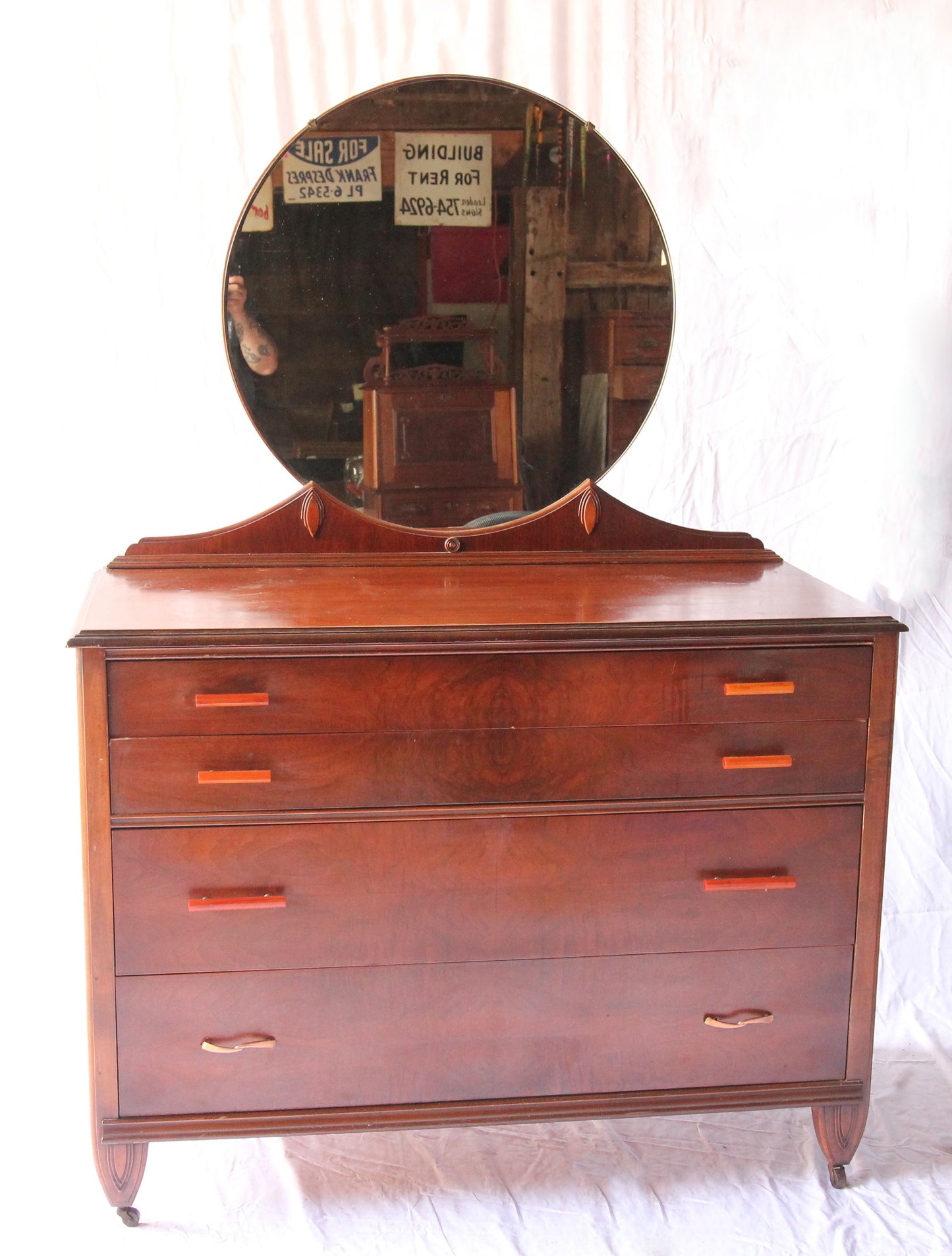 Art Deco Four Drawer Low-Chest Dresser with Mirror and Bakelite Pulls