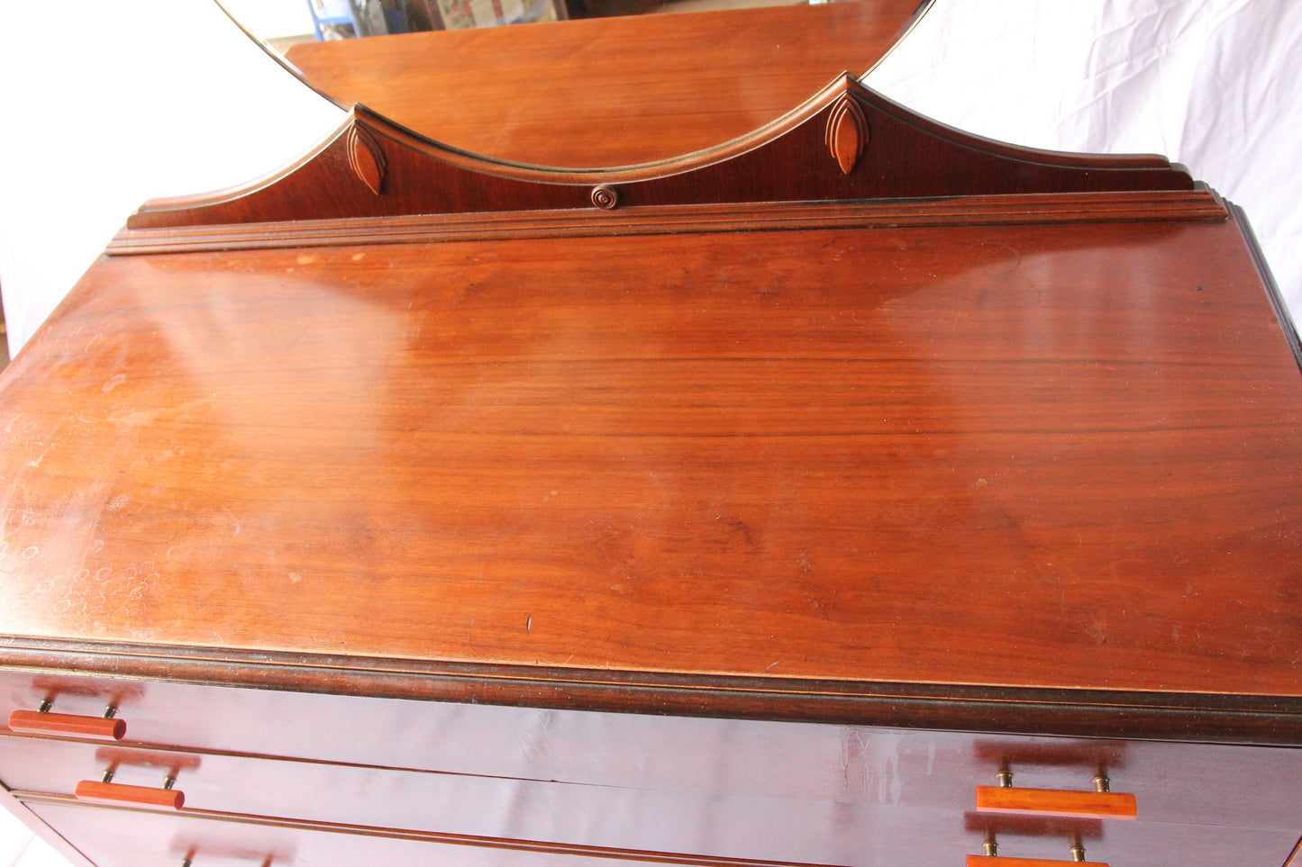 Art Deco Four Drawer Low-Chest Dresser with Mirror and Bakelite Pulls