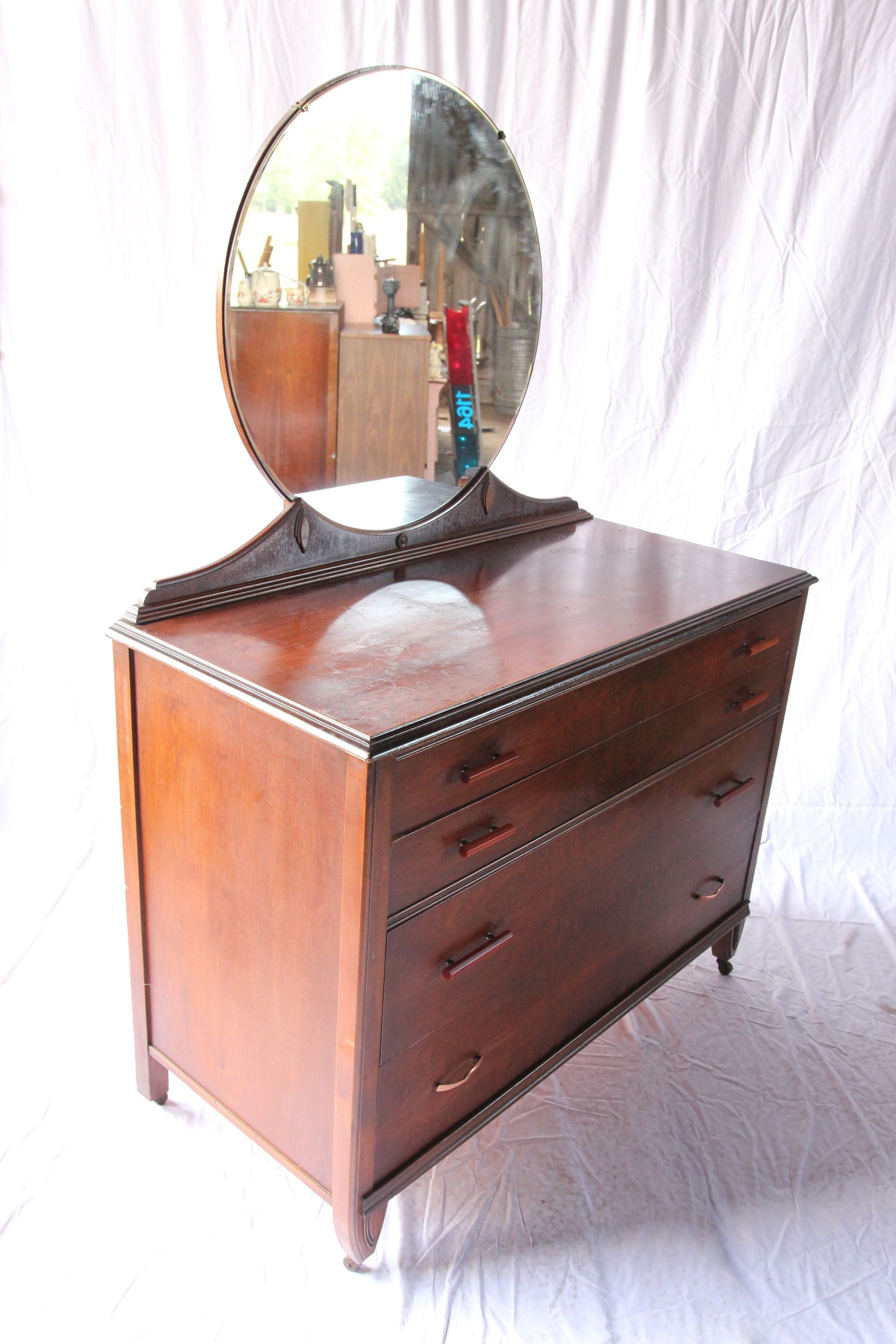 Art Deco Four Drawer Low-Chest Dresser with Mirror and Bakelite Pulls