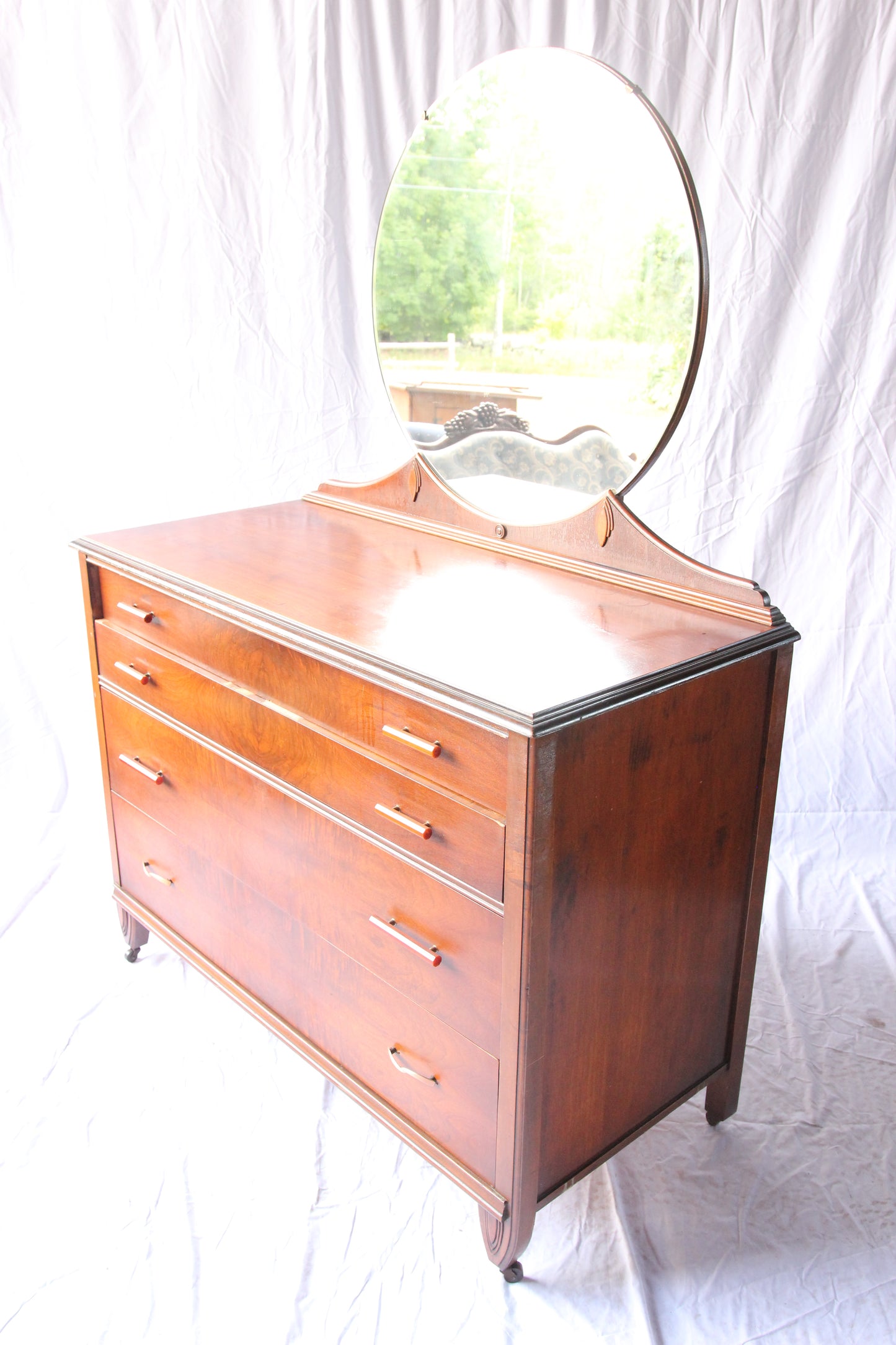 Art Deco Four Drawer Low-Chest Dresser with Mirror and Bakelite Pulls