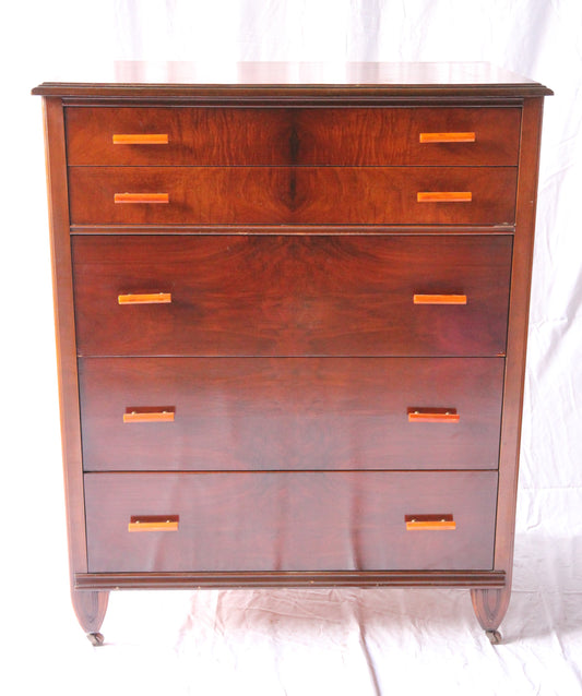 Art Deco Five Drawer High-Boy Dresser with Bakelite Pulls