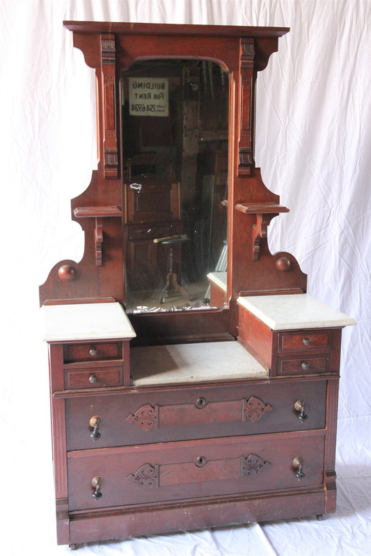 Victorian Marble-Top Drop-Well Dresser with Mirror and Key