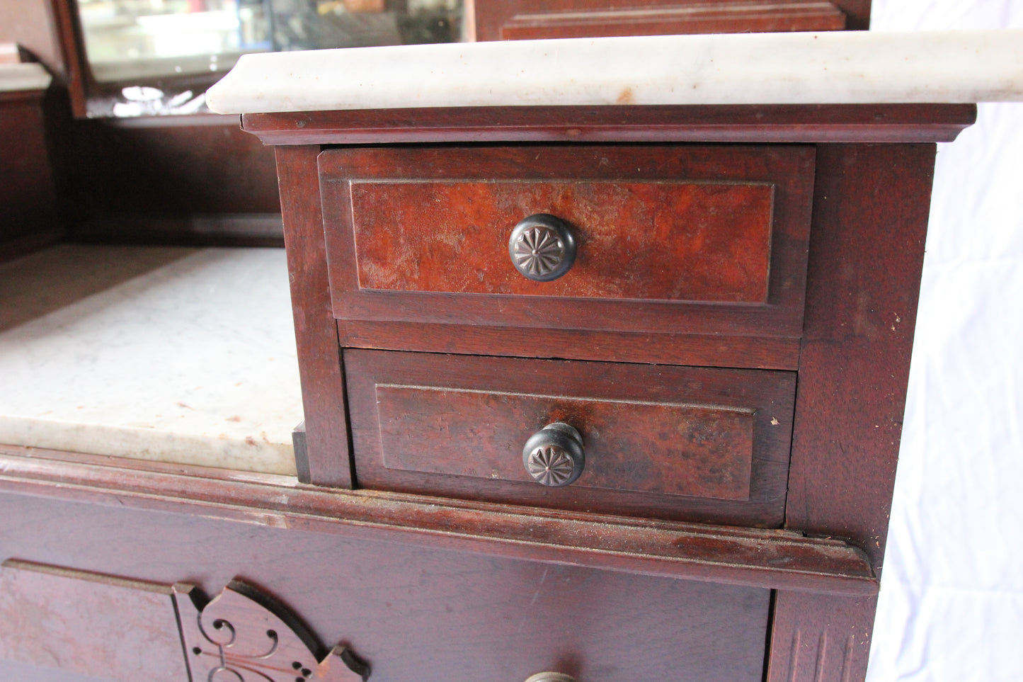 Victorian Marble-Top Drop-Well Dresser with Mirror and Key