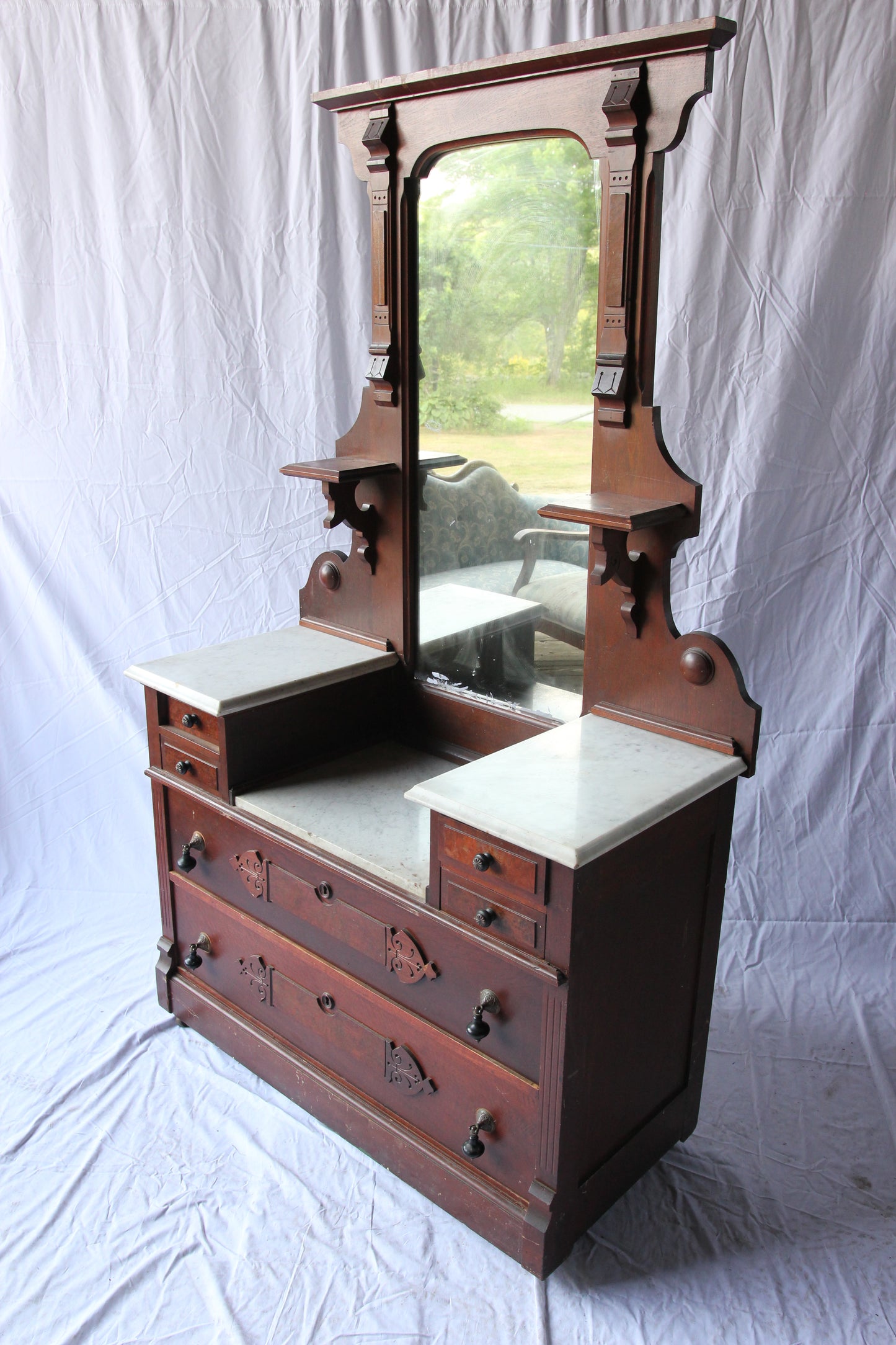 Victorian Marble-Top Drop-Well Dresser with Mirror and Key