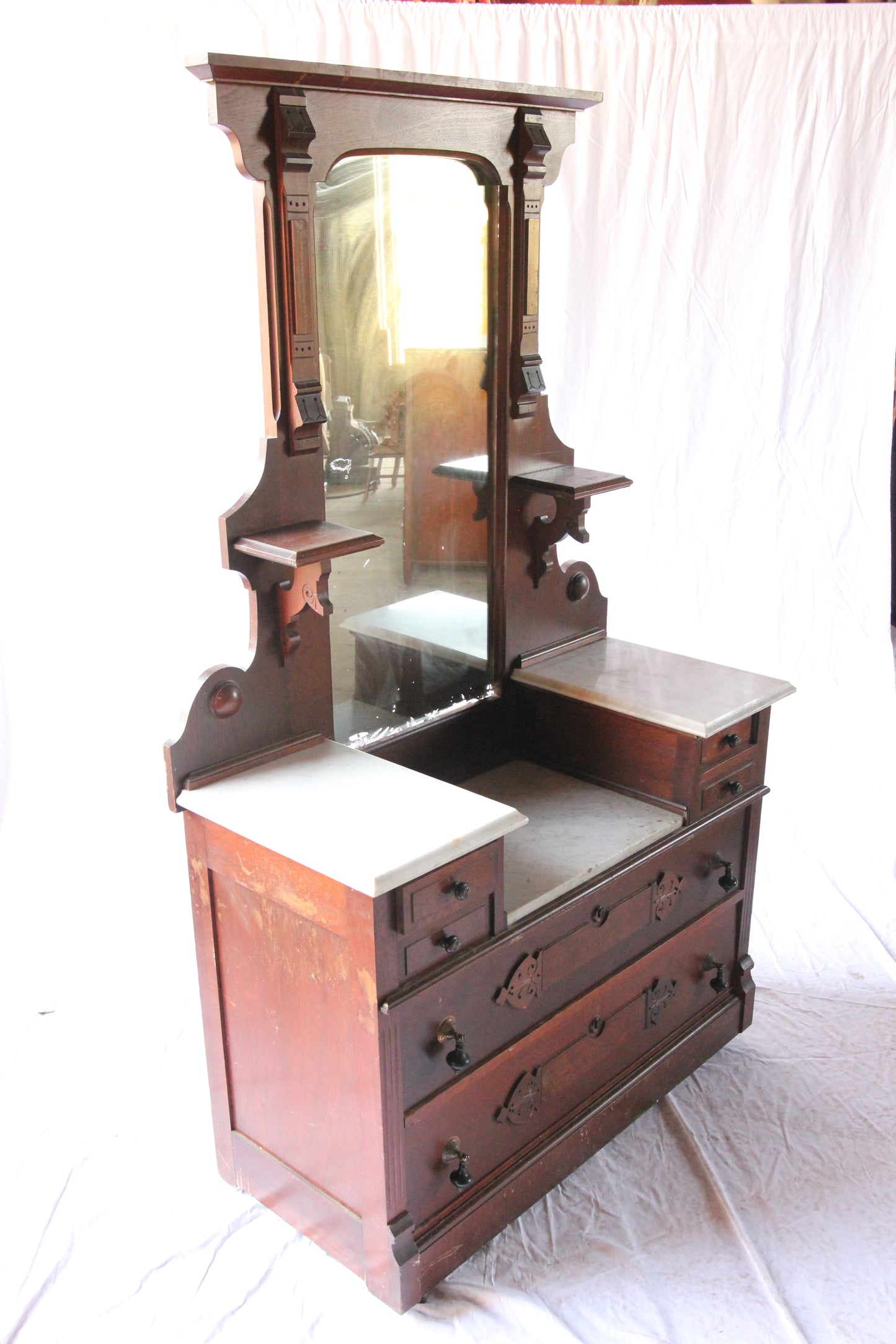 Victorian Marble-Top Drop-Well Dresser with Mirror and Key