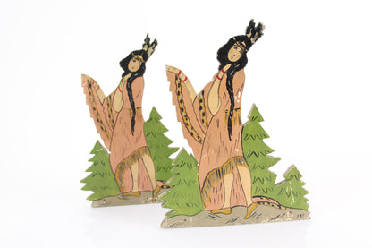 Hand Painted Wooden Native American Indian Maiden Folk Art Bookends, Pair