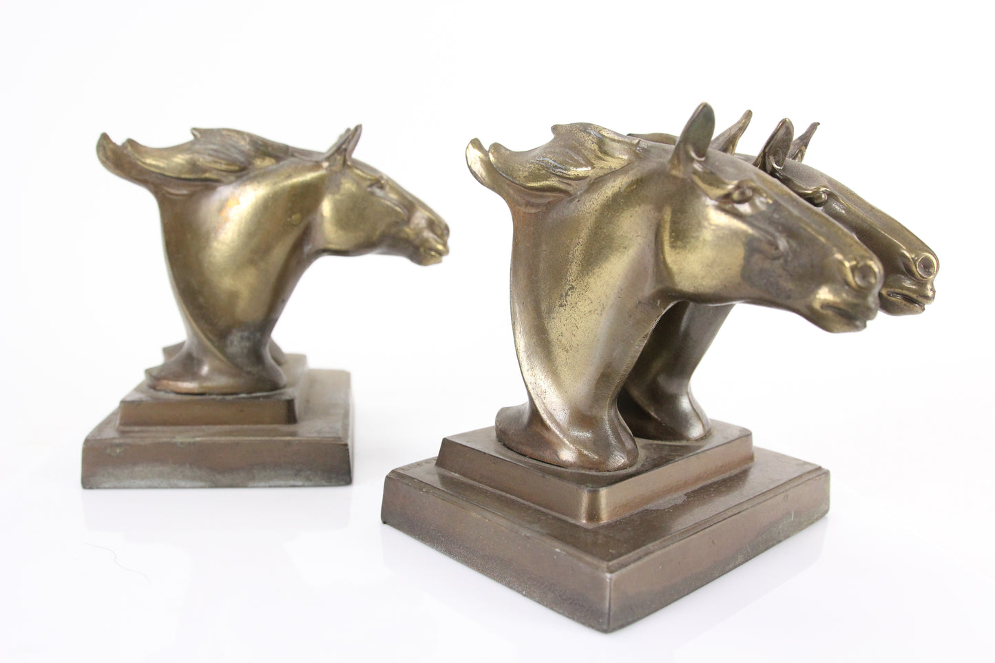 Frankart Double Horse Head Mustang Stallion Bronze Metal Bookends, Pair