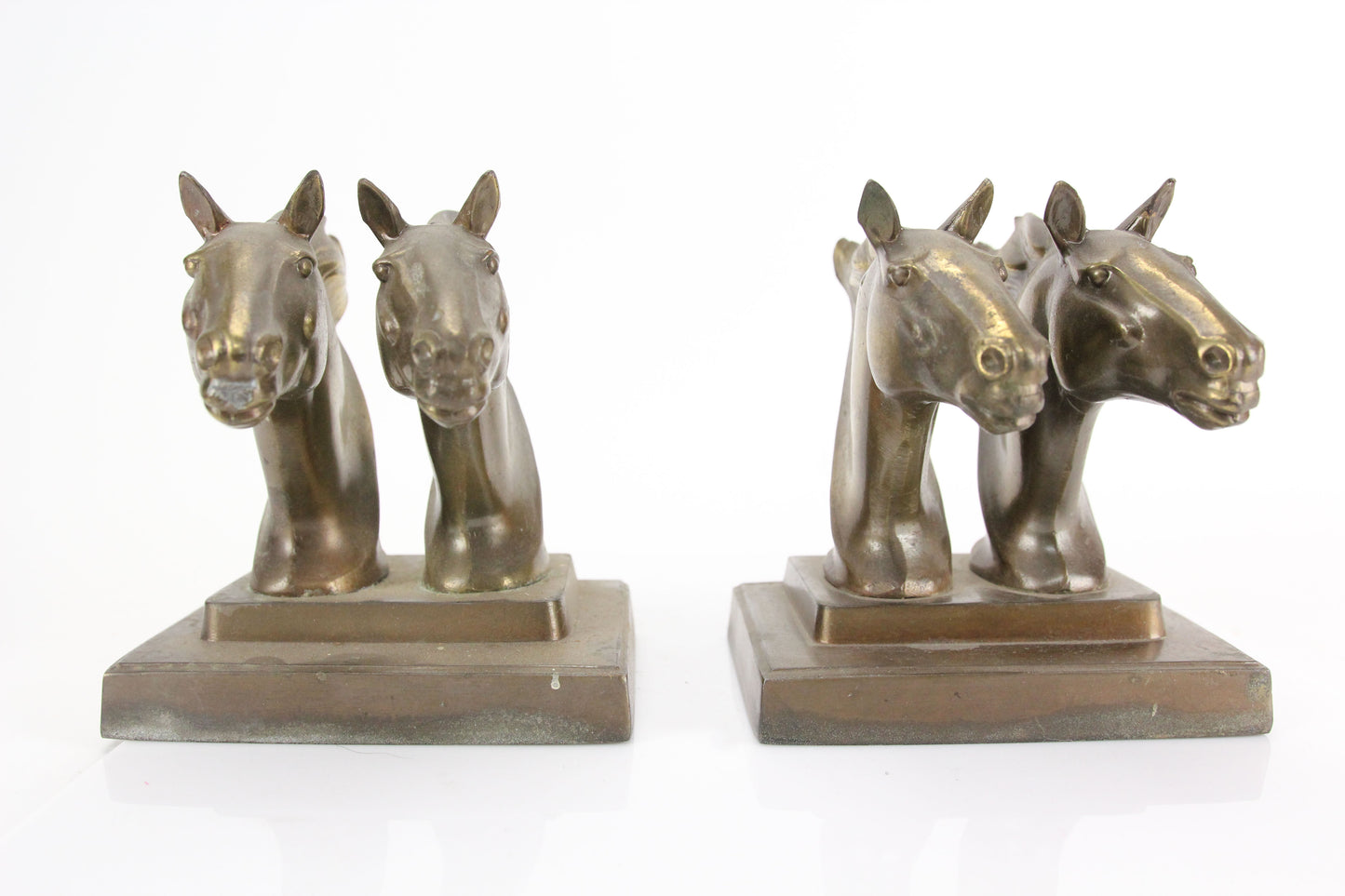 Frankart Double Horse Head Mustang Stallion Bronze Metal Bookends, Pair