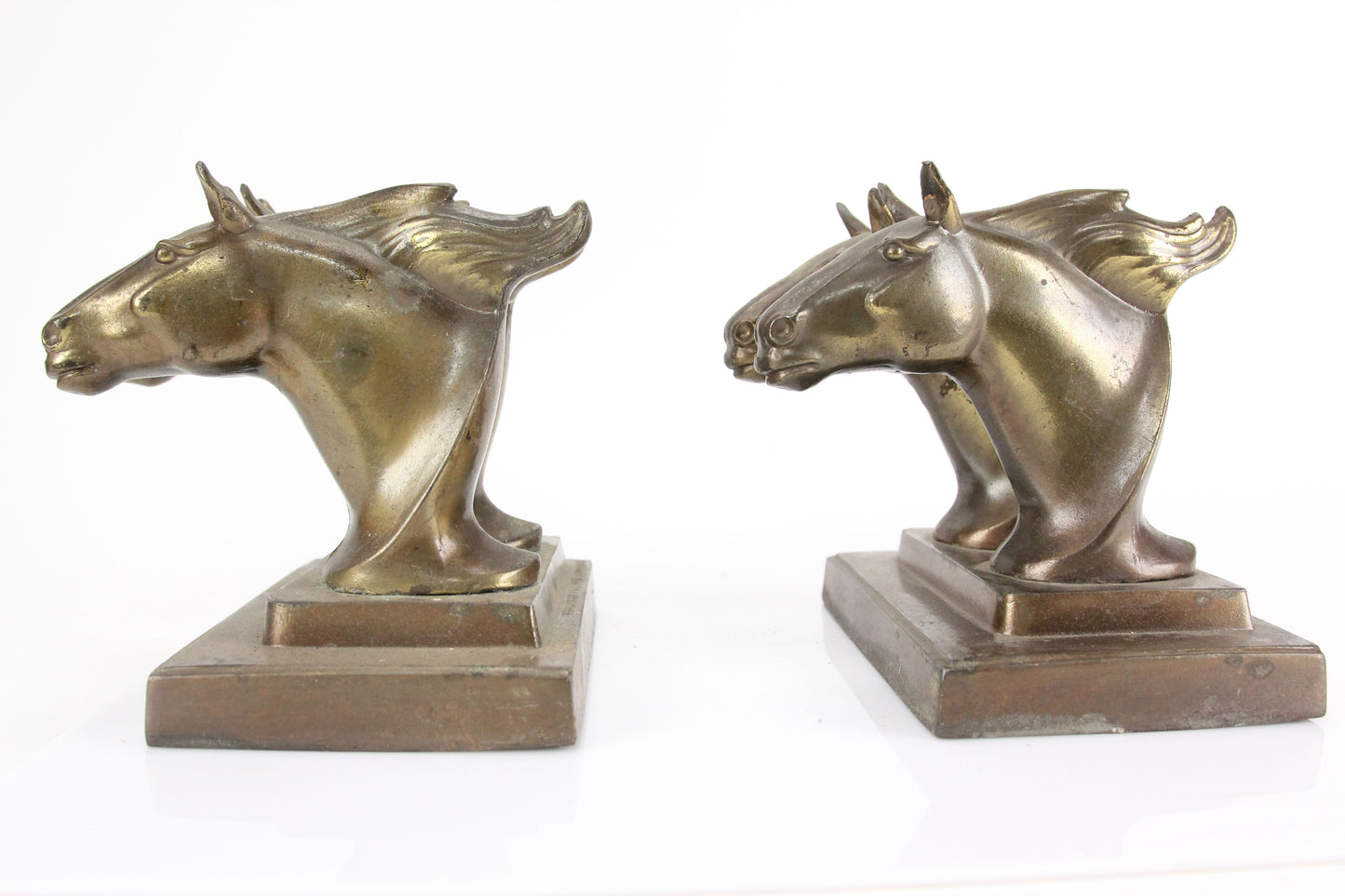 Frankart Double Horse Head Mustang Stallion Bronze Metal Bookends, Pair