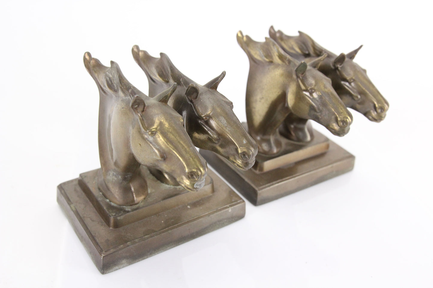 Frankart Double Horse Head Mustang Stallion Bronze Metal Bookends, Pair