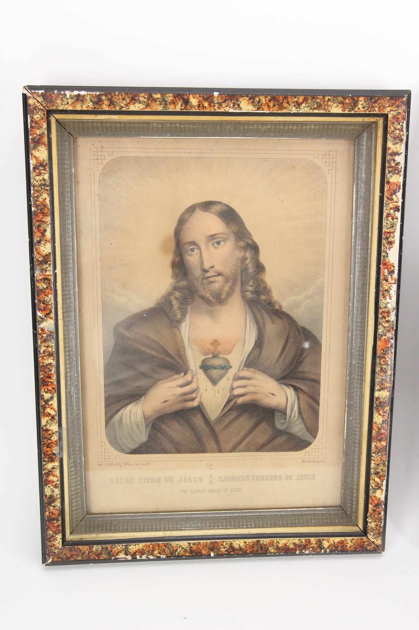 Jesus and Mary Sacred Heart Lithographs by L. Turgis & Fils, Paris, Framed Pair