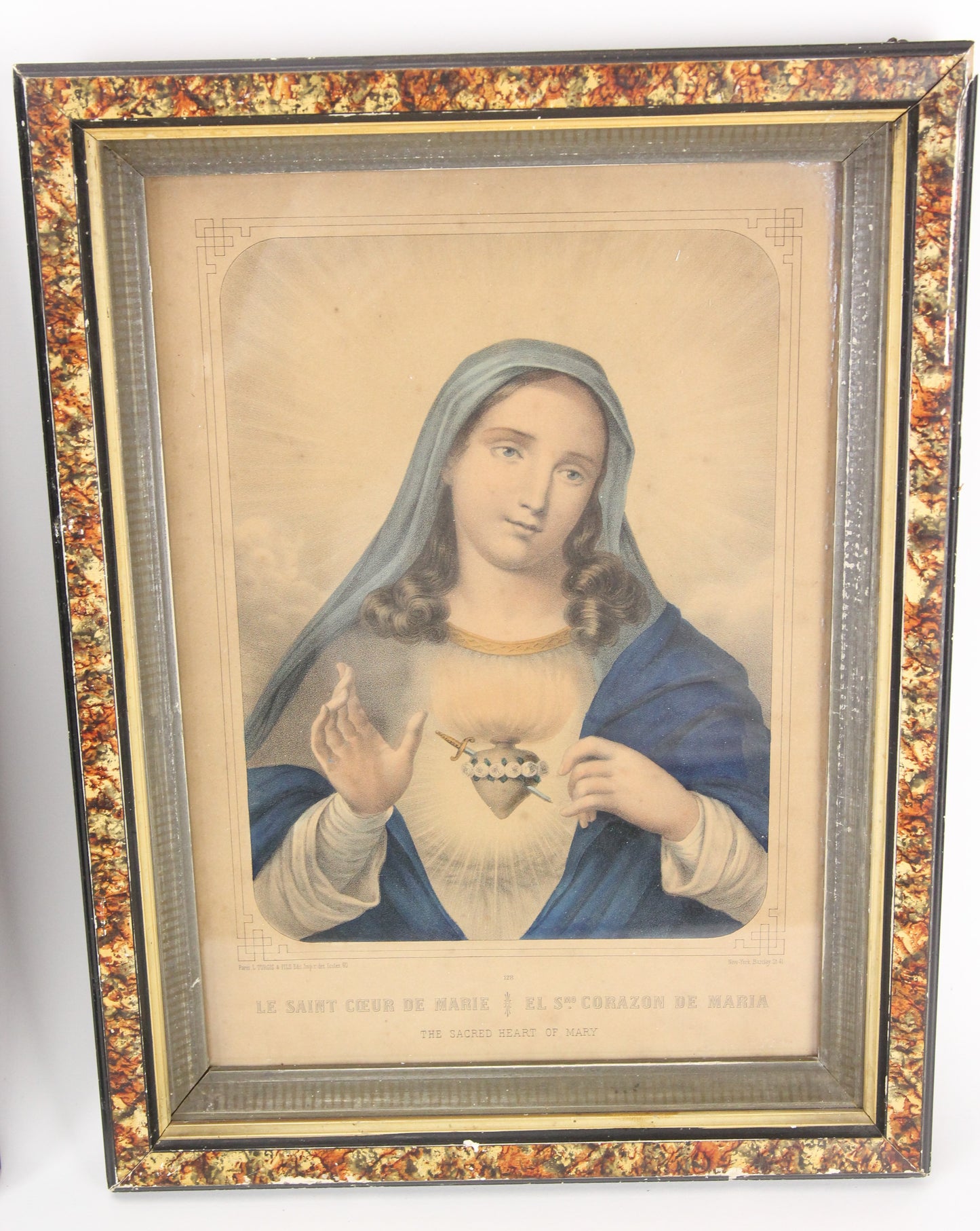 Jesus and Mary Sacred Heart Lithographs by L. Turgis & Fils, Paris, Framed Pair
