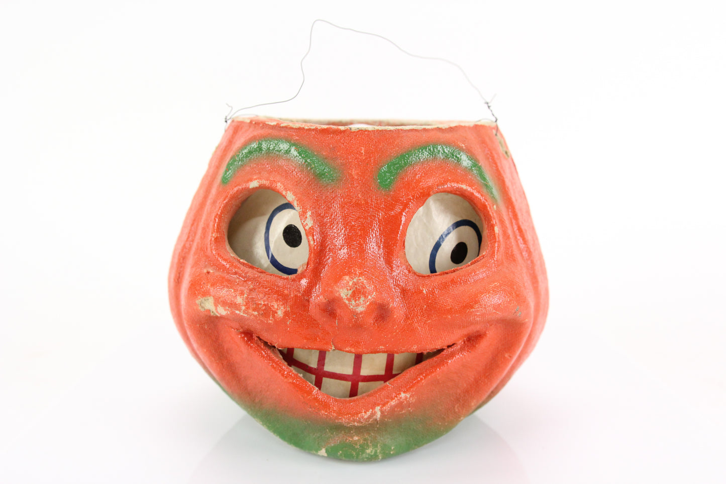 Vintage Grinning Papier Mache Jack-O-Lantern Haloween Pumpkin Bucket, 5.25"