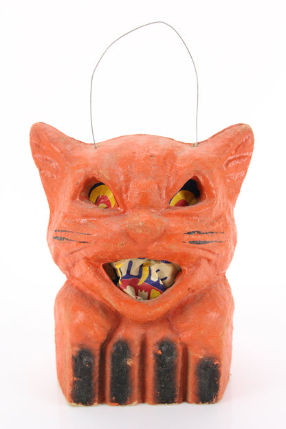 Vintage Papier Mache Orange Kitty Cat on Fence Halloween Candy Bucket, 7.5"