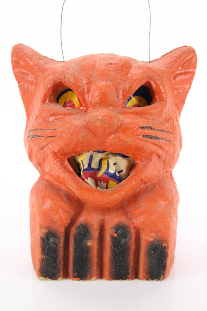 Vintage Papier Mache Orange Kitty Cat on Fence Halloween Candy Bucket, 7.5"