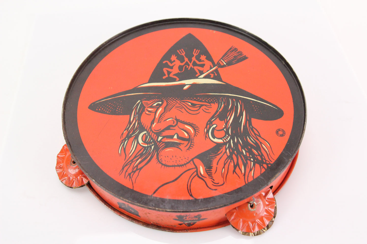Vintage Halloween Witch Dancing Devils Hat Tin Lithograph Tambourine by T. Cohn