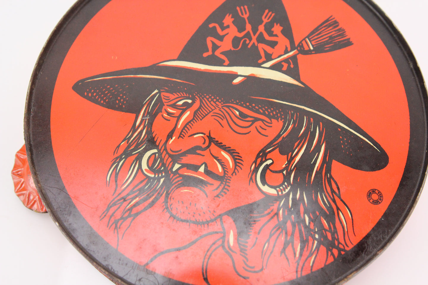 Vintage Halloween Witch Dancing Devils Hat Tin Lithograph Tambourine by T. Cohn