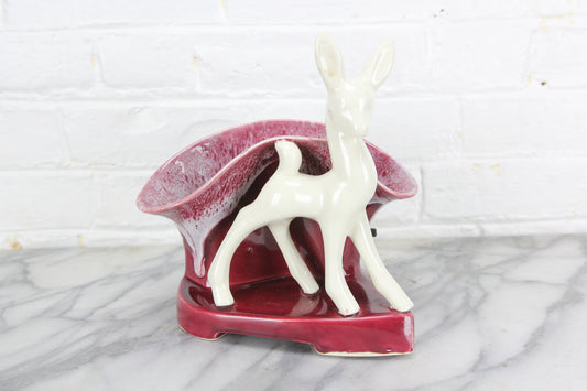 Mid-Century White Deer on Purple Base Ceramic TV Lamp and Planter