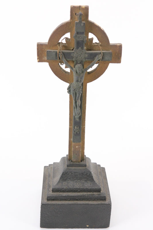 Antique Folk Art Cross Crucifix Display on Base with Skull and Cross Bones