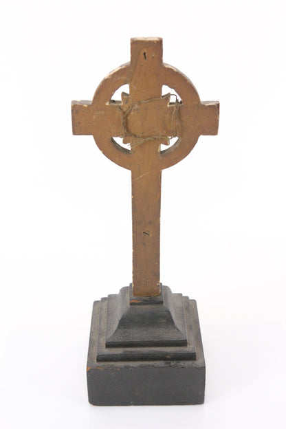 Antique Folk Art Cross Crucifix Display on Base with Skull and Cross Bones