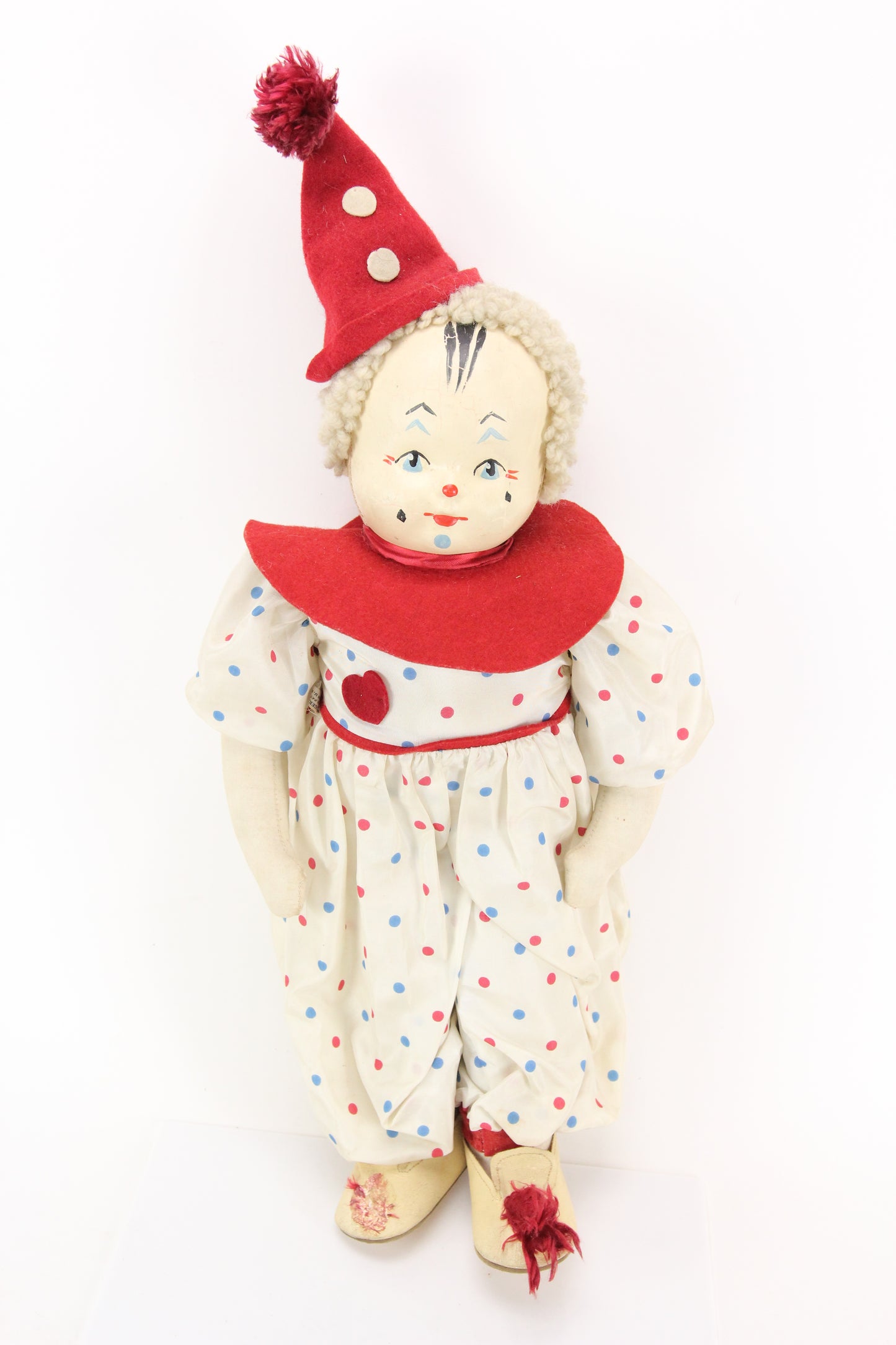 Vintage Cloth and Leather Clown Doll by Krueger, NY, Made in the USA, 19"