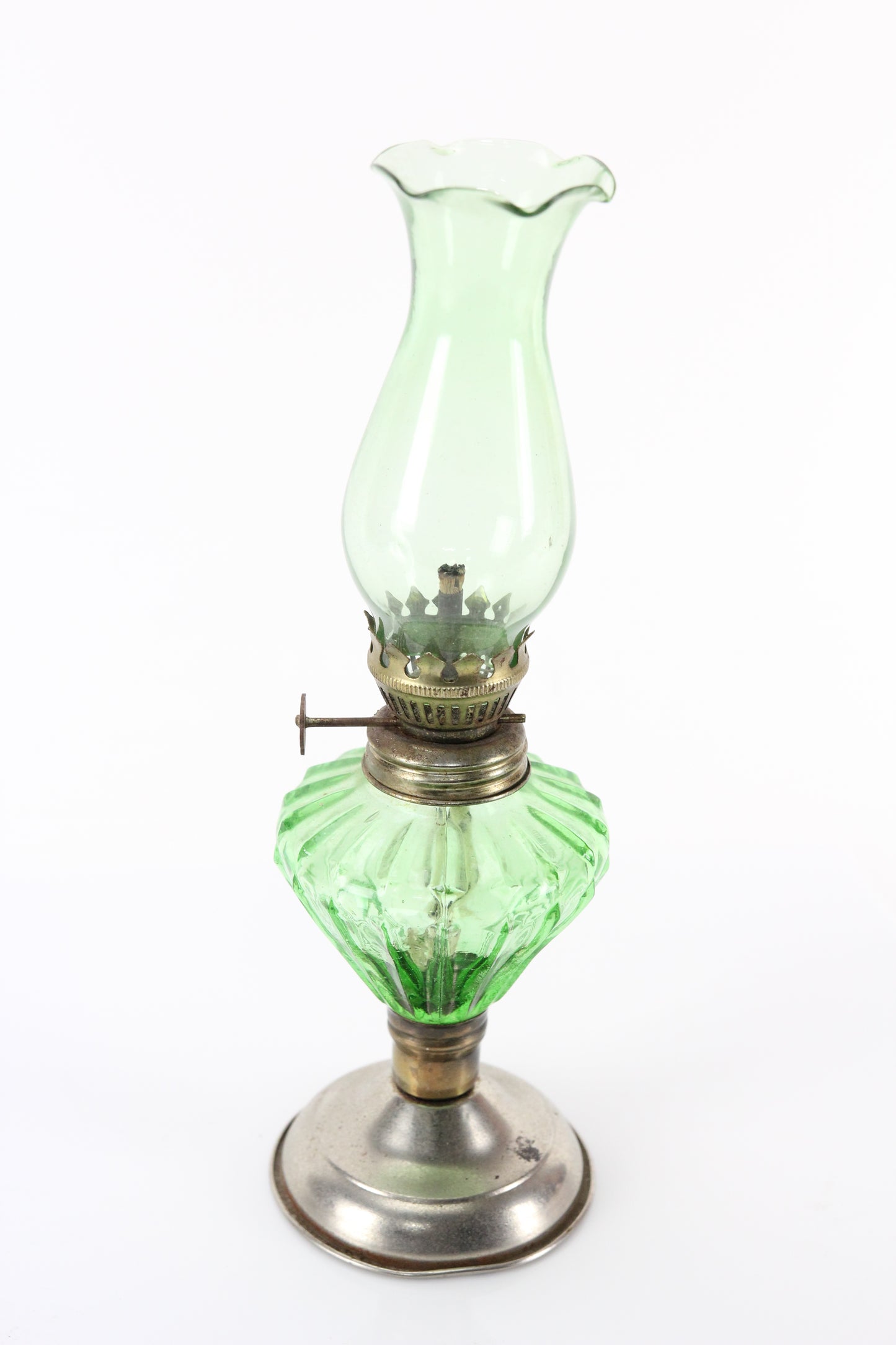 Antique Miniature Green Glass Oil Lamp with Green Chimney, 10"