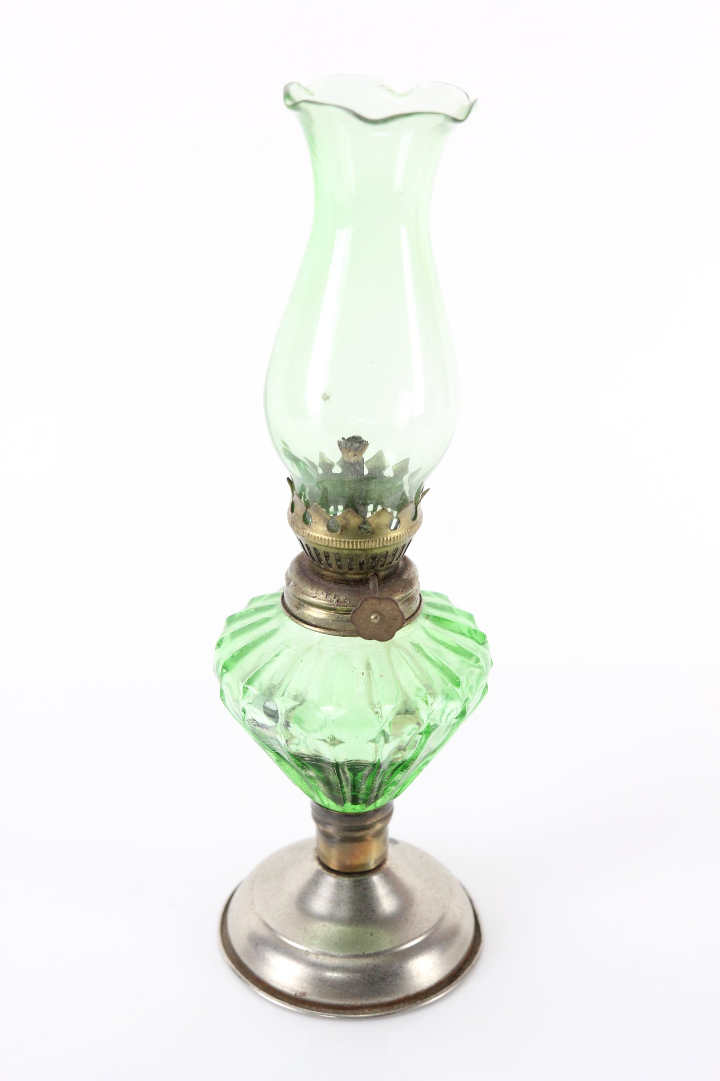 Antique Miniature Green Glass Oil Lamp with Green Chimney, 10"