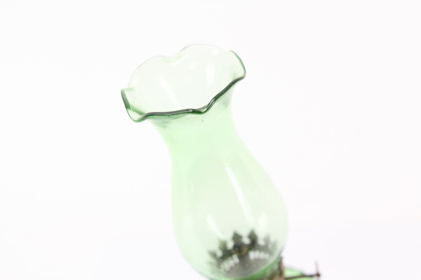 Antique Miniature Green Glass Oil Lamp with Green Chimney, 10"