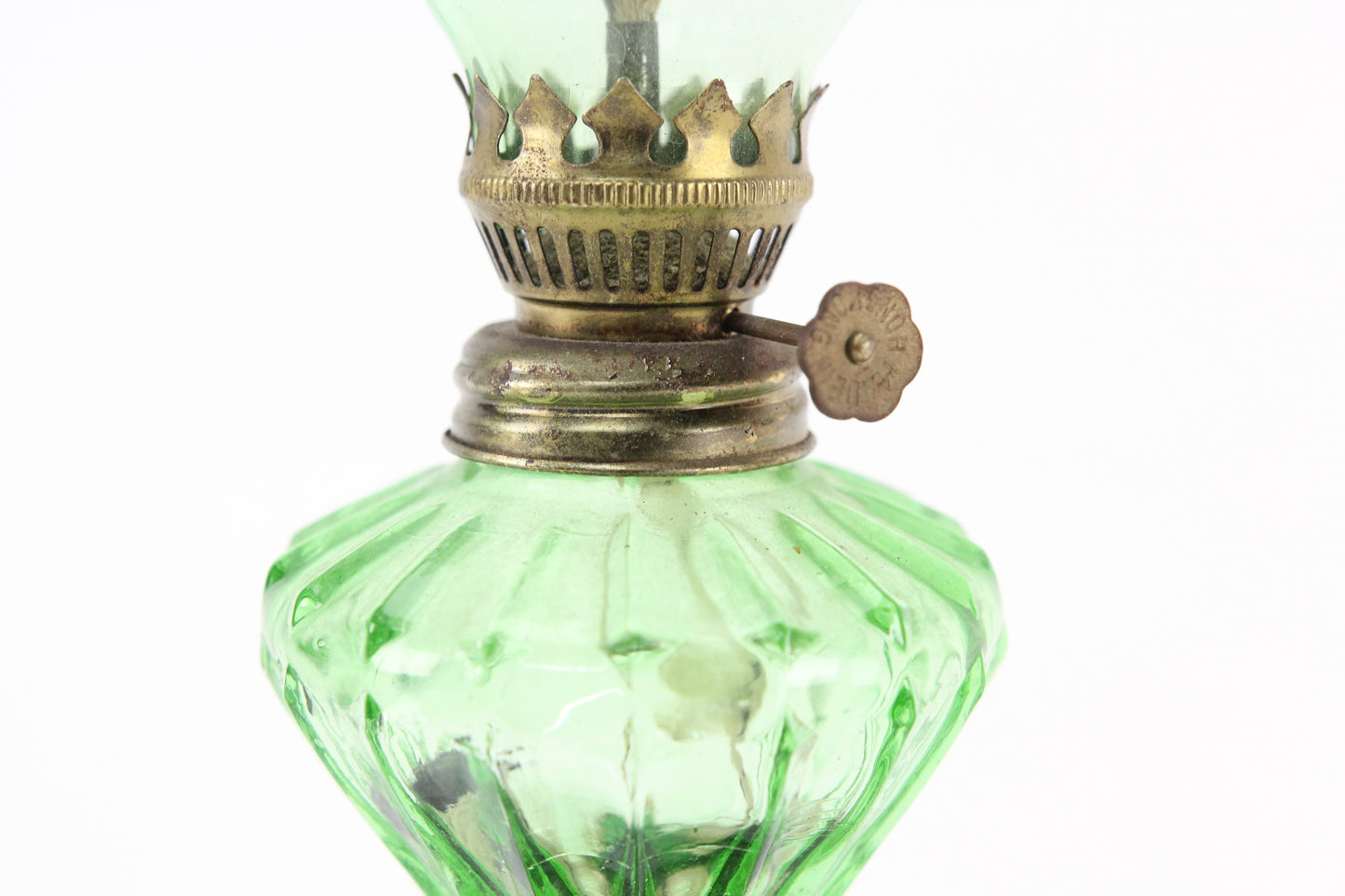 Antique Miniature Green Glass Oil Lamp with Green Chimney, 10"