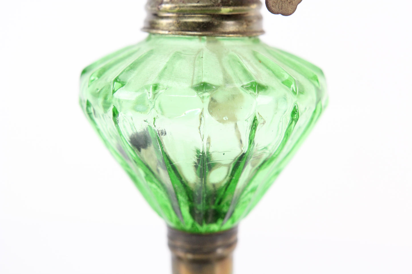 Antique Miniature Green Glass Oil Lamp with Green Chimney, 10"