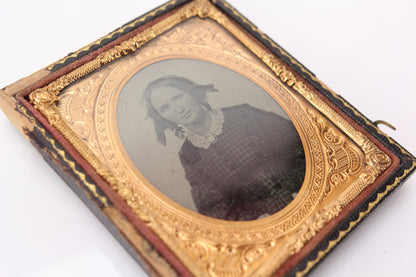 Ambrotype Photograph of a Woman With Brooch in Half Case (1/6th Plate)