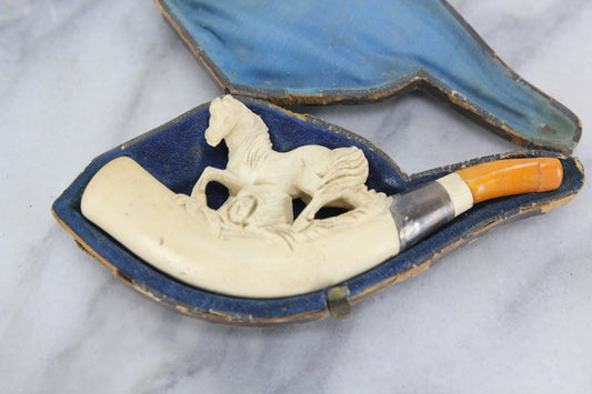 Antique Meerschaum Pipe with Carved Horse in Case