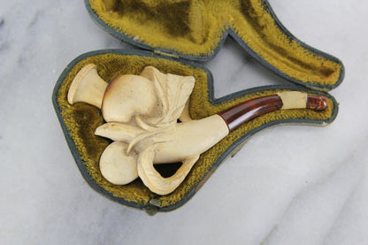 Antique Meerschaum Pipe with Carved Cherries and Feathers in Case, EPW