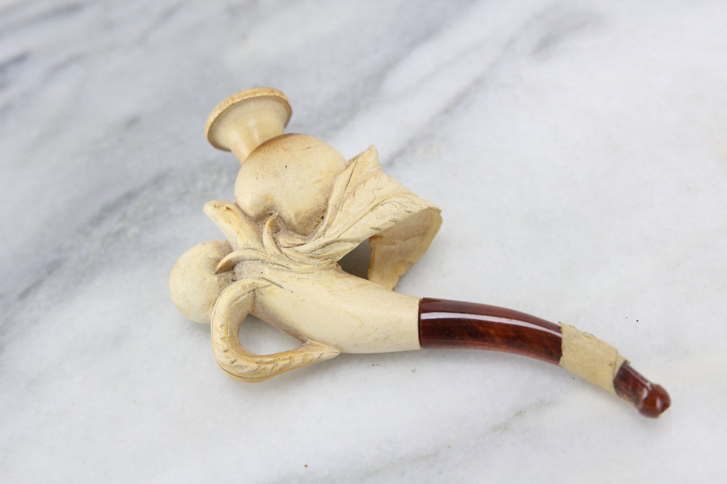 Antique Meerschaum Pipe with Carved Cherries and Feathers in Case, EPW