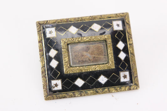 Victorian Mourning Hair Work Brooch with Black and White Border Detailing