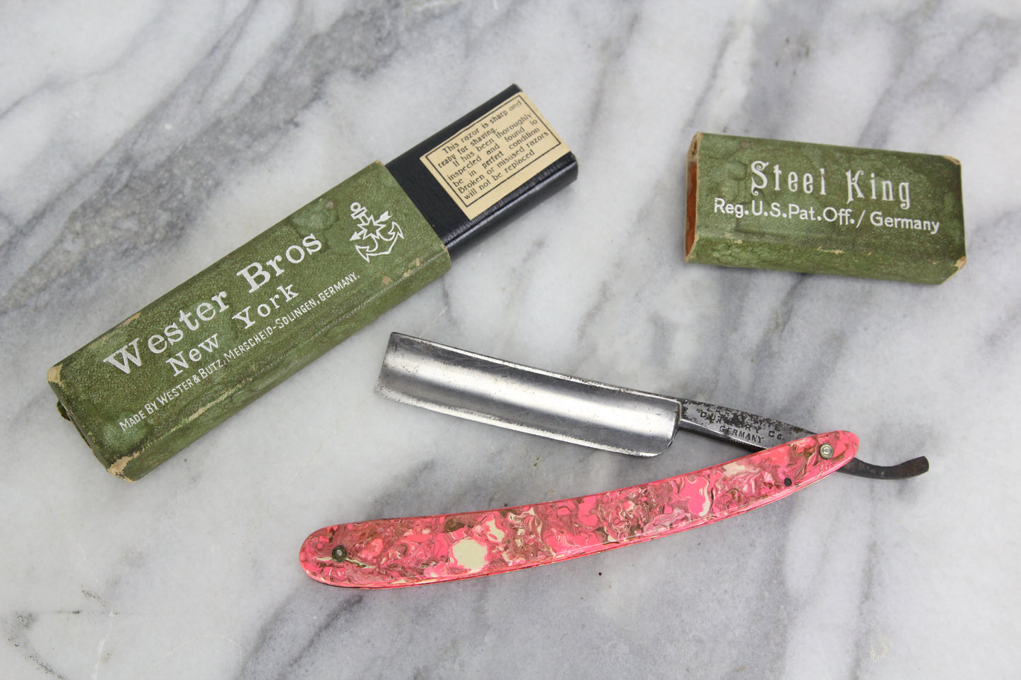 Pink Marbled Handle Straight Razor by Lafayette Cutlery Co., Germany