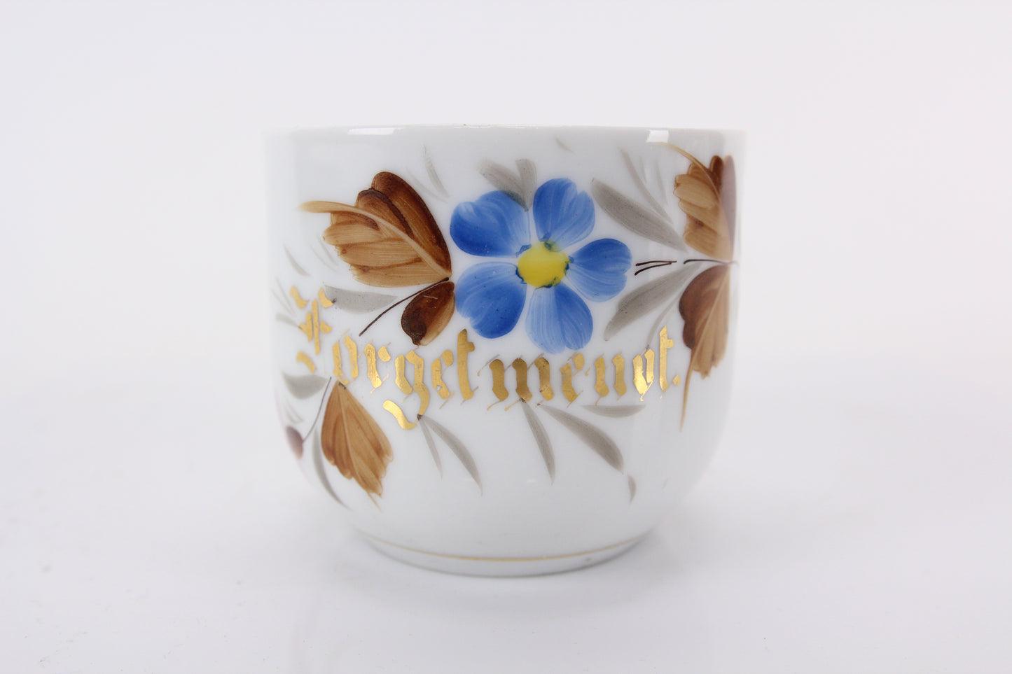 Hand Decorated "Forget Me Not" Painted Memento Mori Porcelain Mustache Mug