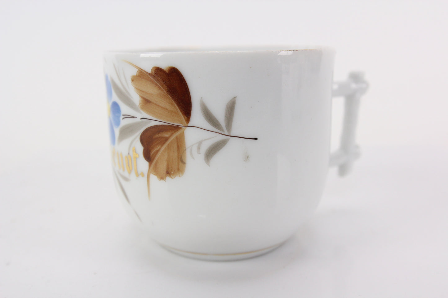 Hand Decorated "Forget Me Not" Painted Memento Mori Porcelain Mustache Mug