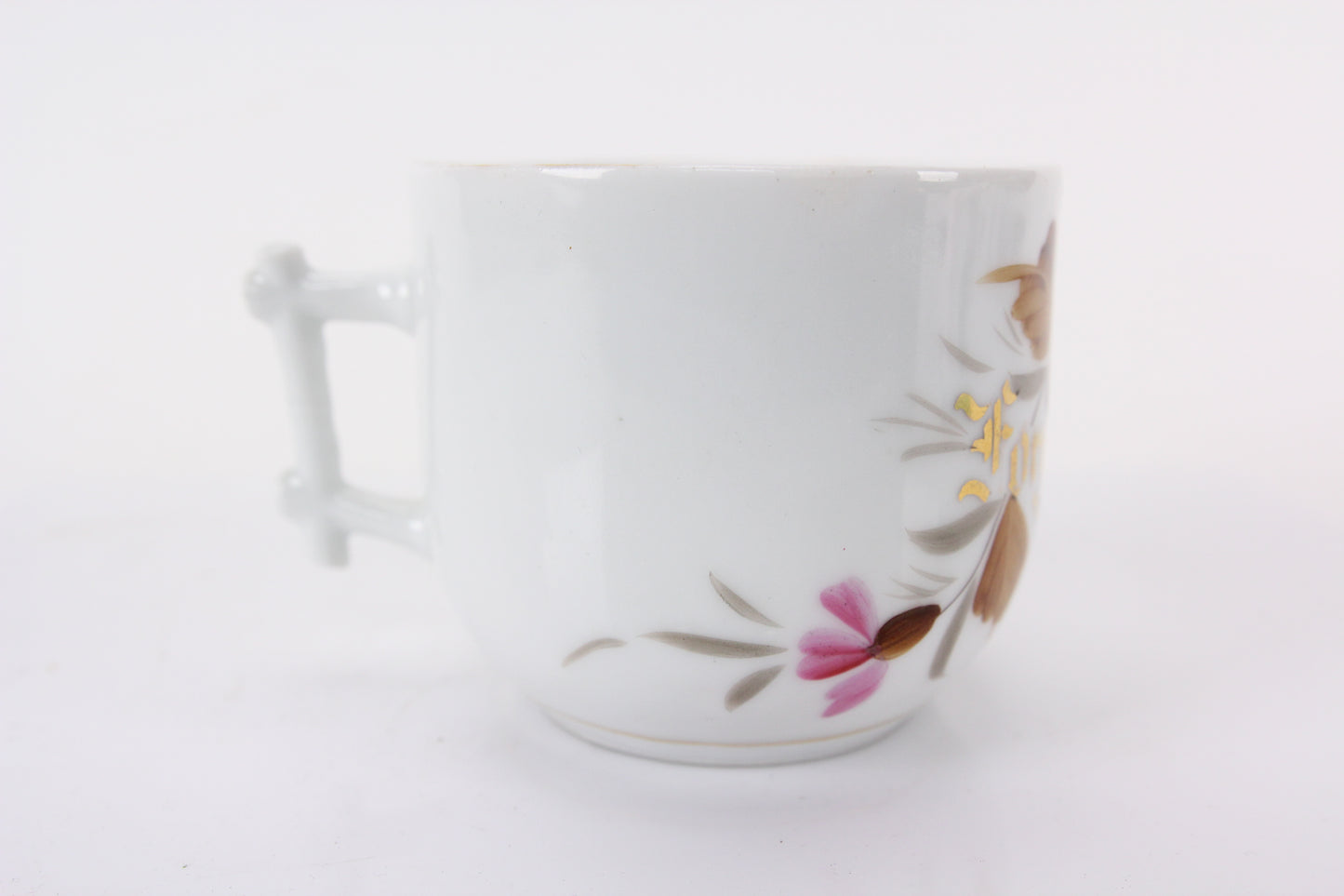 Hand Decorated "Forget Me Not" Painted Memento Mori Porcelain Mustache Mug