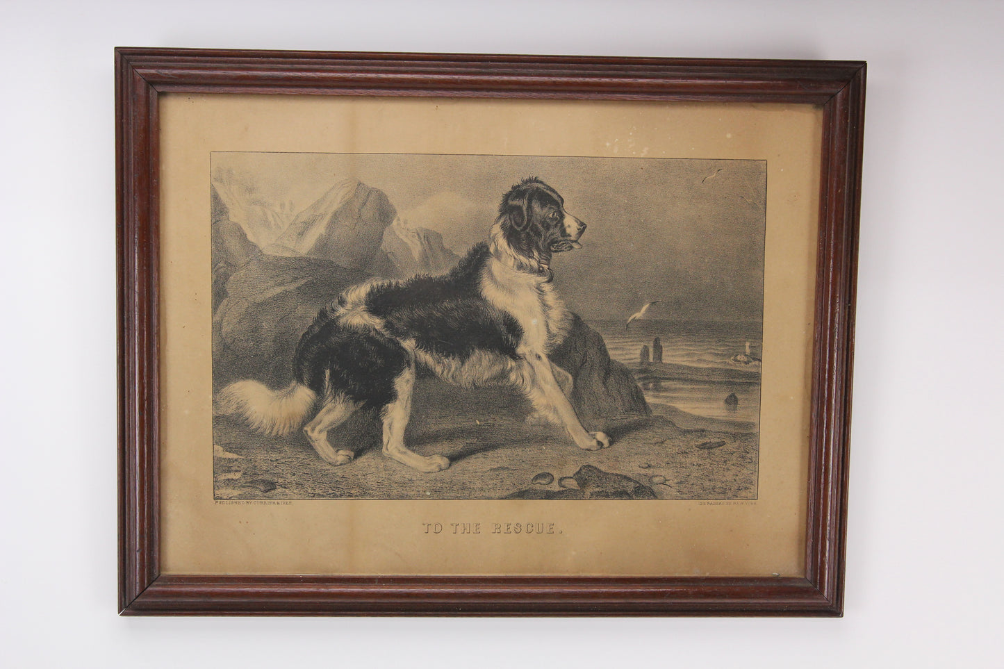 Antique "To the Rescue" Framed Currier and Ives Dog Lithograph (1 of 2 in Series)