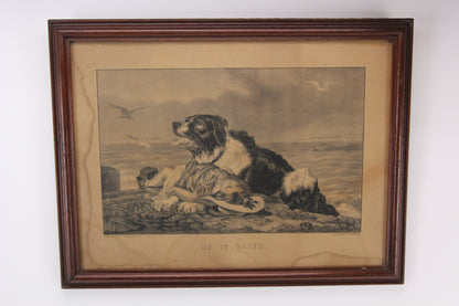Antique "He is Saved" Framed Currier and Ives Dog Lithograph (2 of 2 in Series)