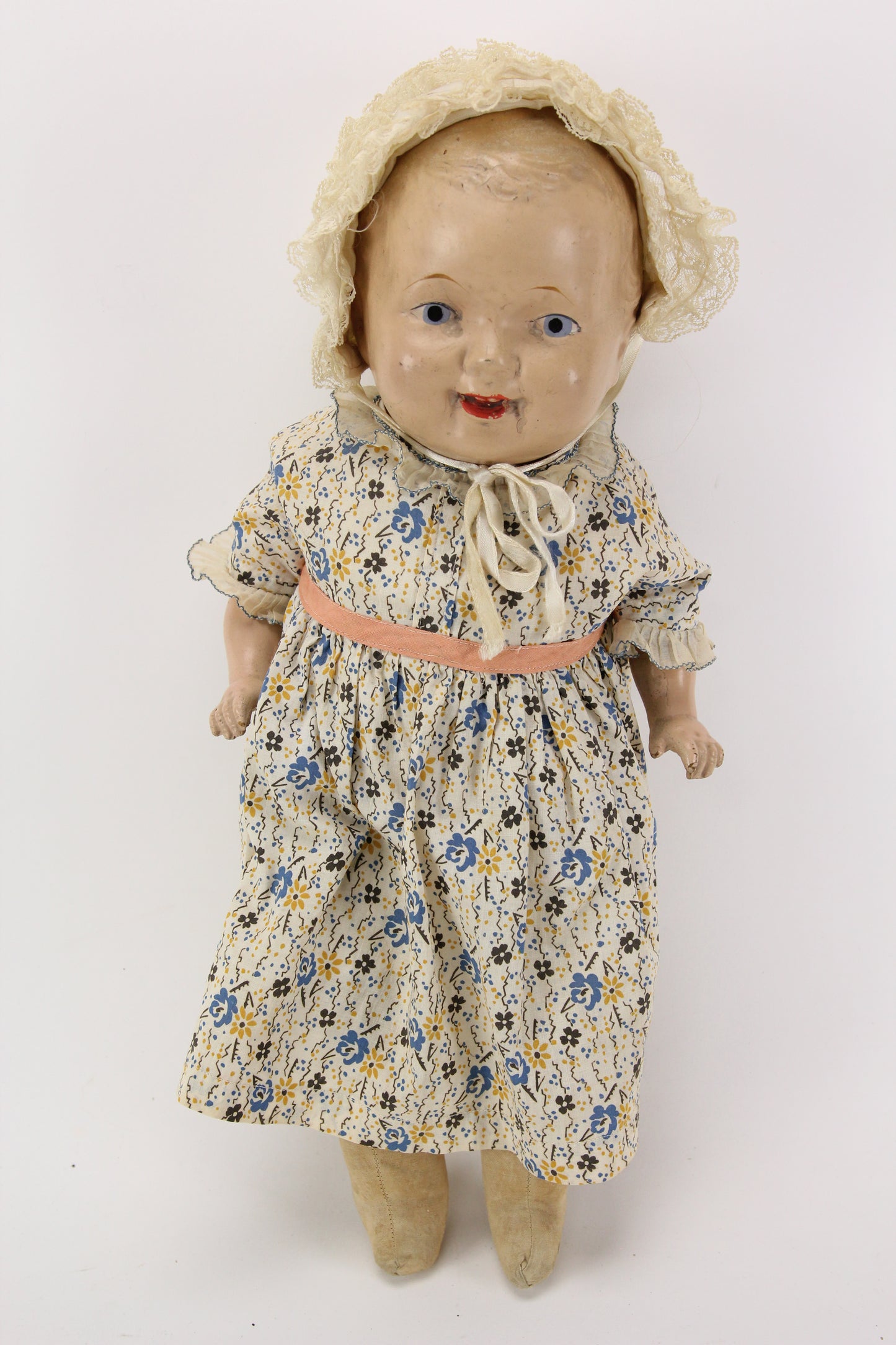 Very Happy Antique Composition Posable Doll with Bonnet, 20"