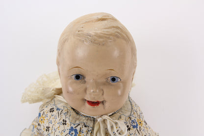 Very Happy Antique Composition Posable Doll with Bonnet, 20"