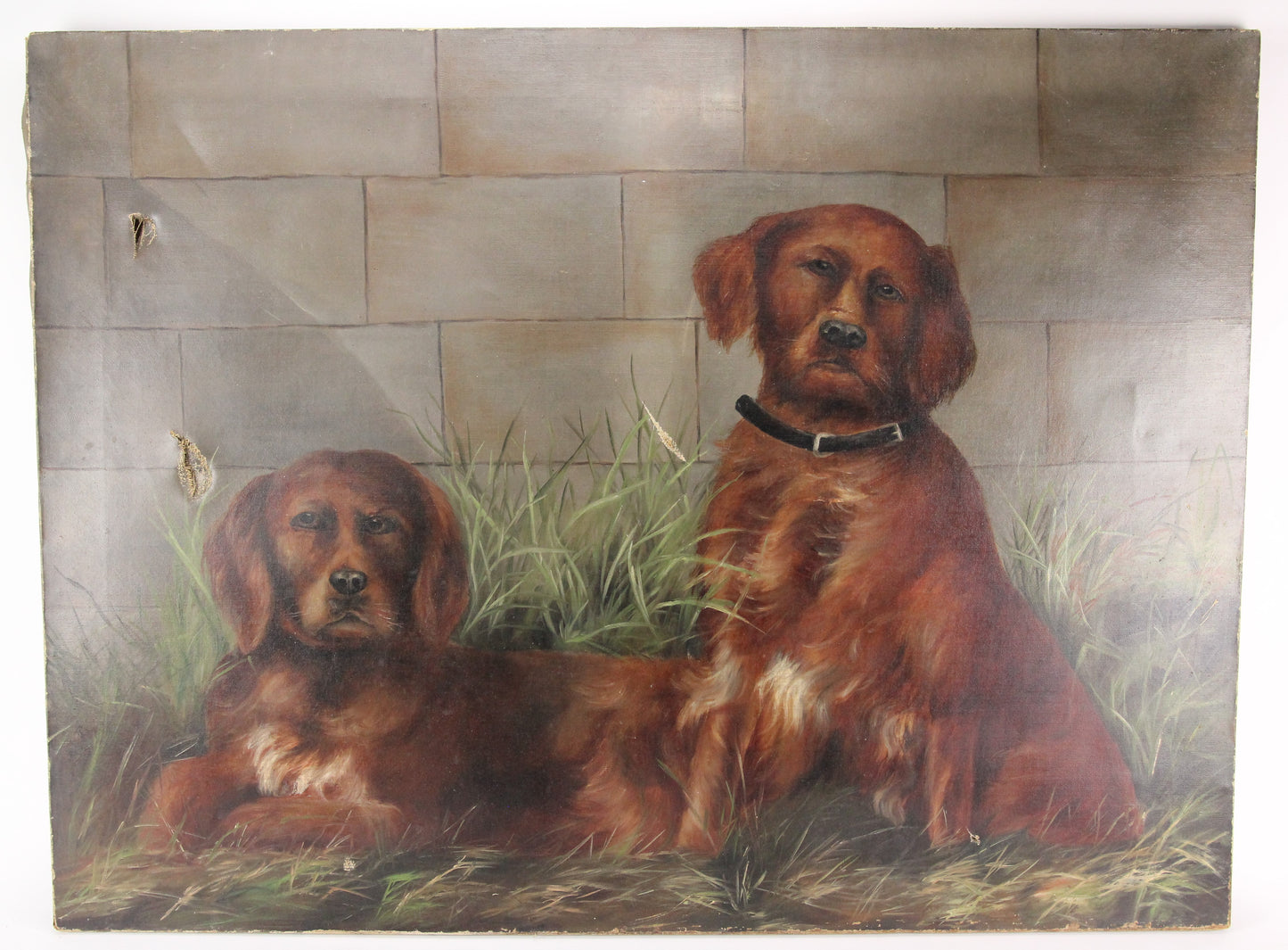 Antique Oil on Canvas Painting of Two Dogs in the Grass, Unsigned - 40 x 30"